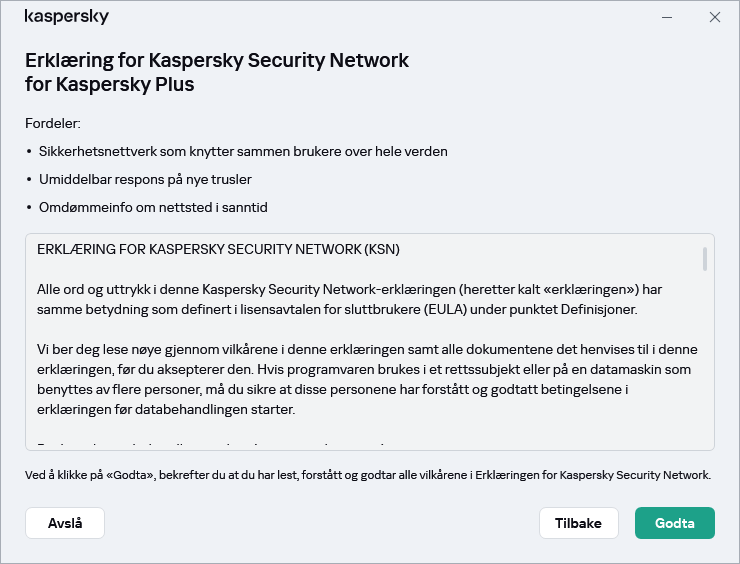 Akseptvinduet for GDPR Kaspersky Security Network Statement