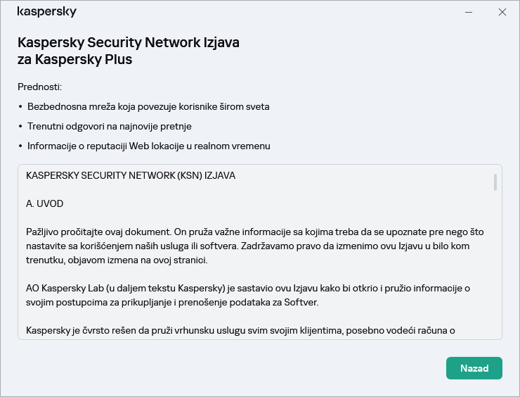 Prozor prihvatanja Kaspersky Security Network Izjave