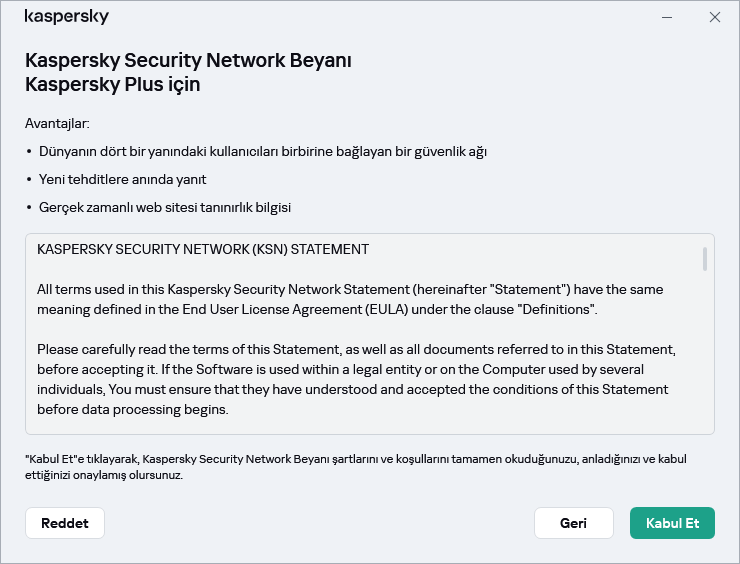 GDPR Kaspersky Security Network Beyanı kabul penceresi