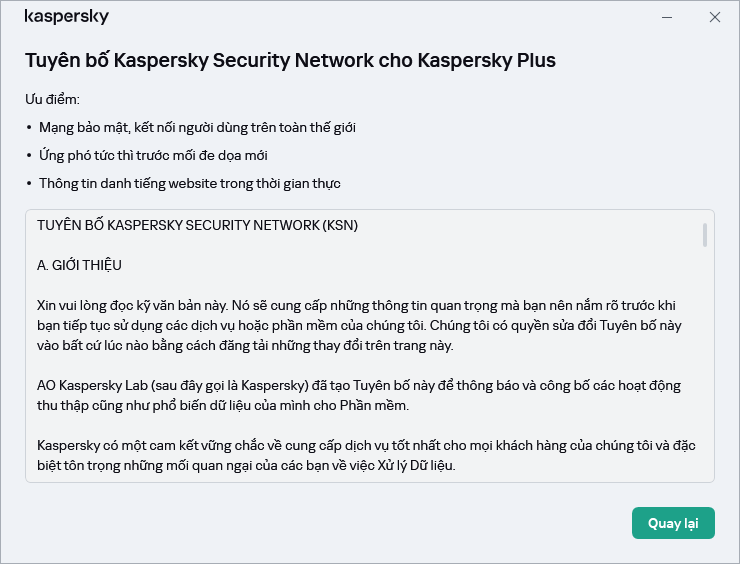 Cửa sổ chấp nhận Tuyên bố Kaspersky Security Network