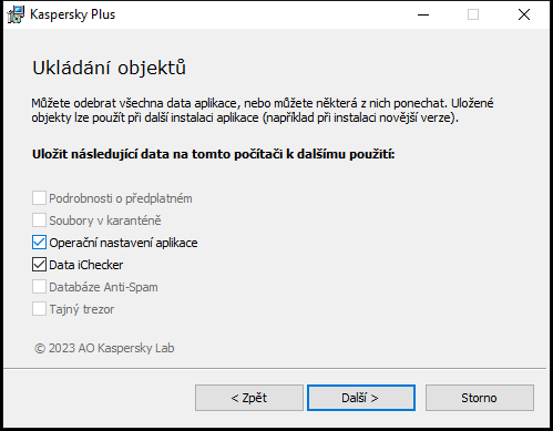 Okno pro uložení nastavení při odinstalaci aplikace