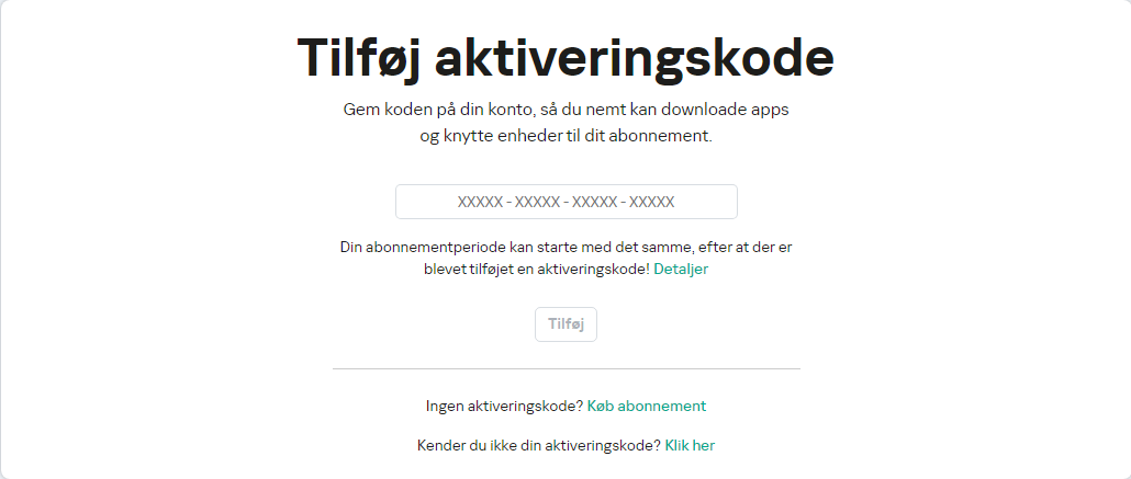 Vindue til tilføjelse af en aktiveringskode for din konto