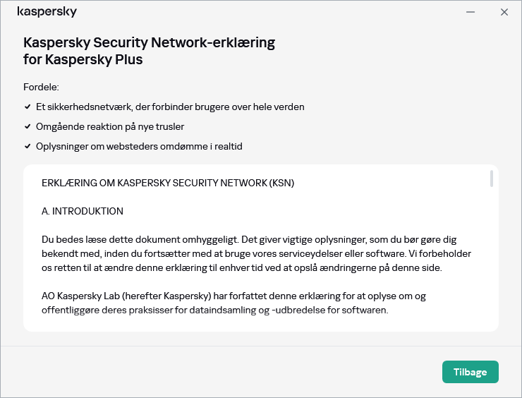Vinduet til accept af Kaspersky Security Networks-erklæringen
