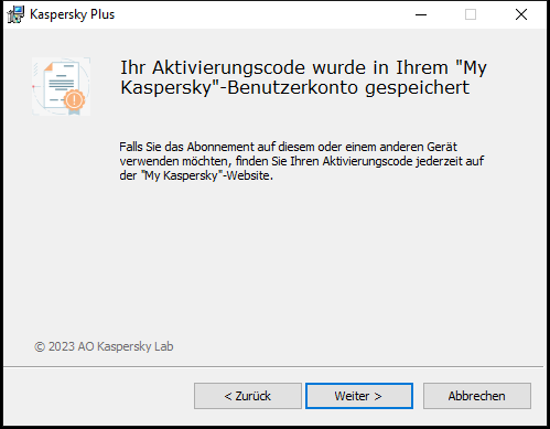 Fenster mit einem Abonnement, das erfolgreich im „My Kaspersky“-Benutzerkonto gespeichert wurde