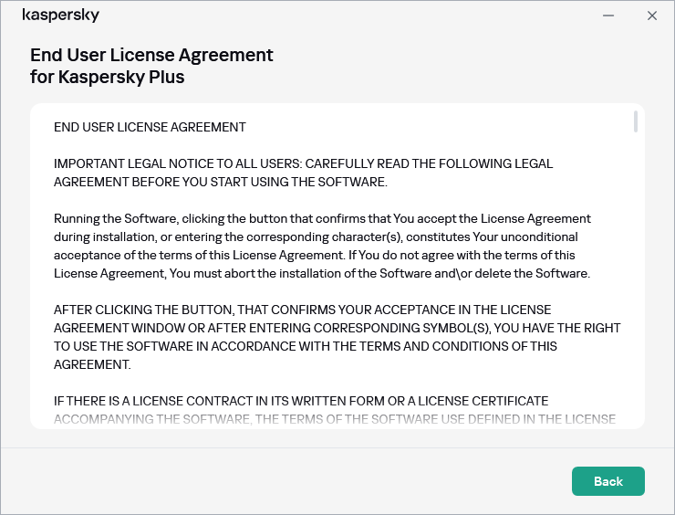 Window containing the text of the End User License Agreement