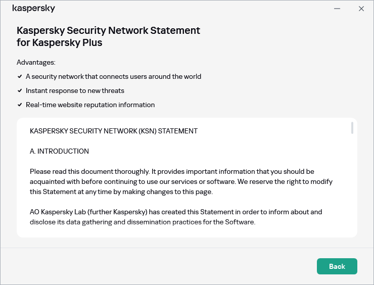 The Kaspersky Security Network Statement acceptance window
