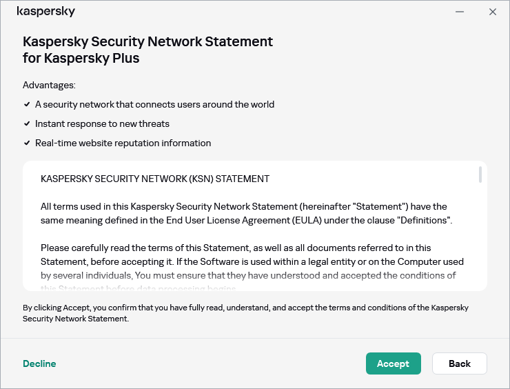 The GDPR Kaspersky Security Network Statement acceptance window