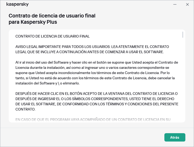 Ventana que contiene el texto del Contrato de licencia de usuario final