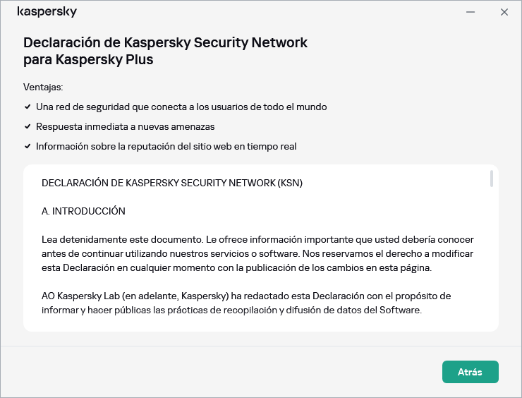 Ventana de aceptación de la declaración de Kaspersky Security Network.