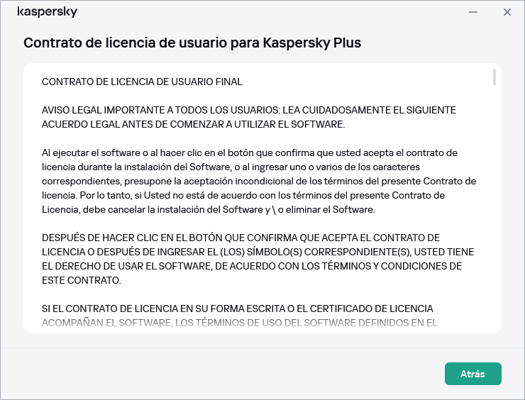 La ventana que contiene el texto del Contrato de licencia de usuario final.