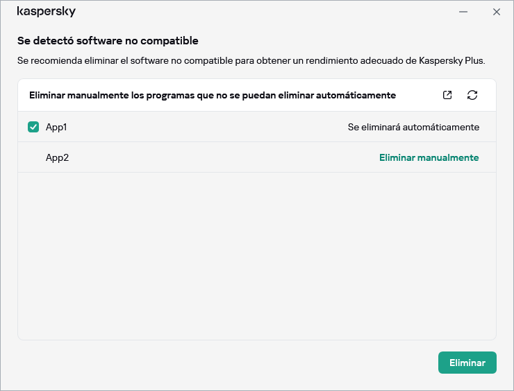 Ventana con la lista de aplicaciones incompatibles