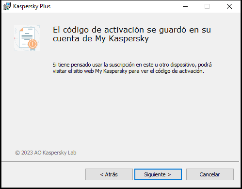 Ventana con la suscripción guardada correctamente en la cuenta de My Kaspersky