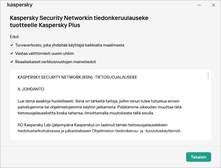 Kaspersky Security Network -lausunnon hyväksymisikkuna
