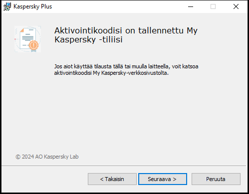 Ikkuna, joka näyttää onnistuneesti My Kaspersky -tilille tallennetun tilauksen