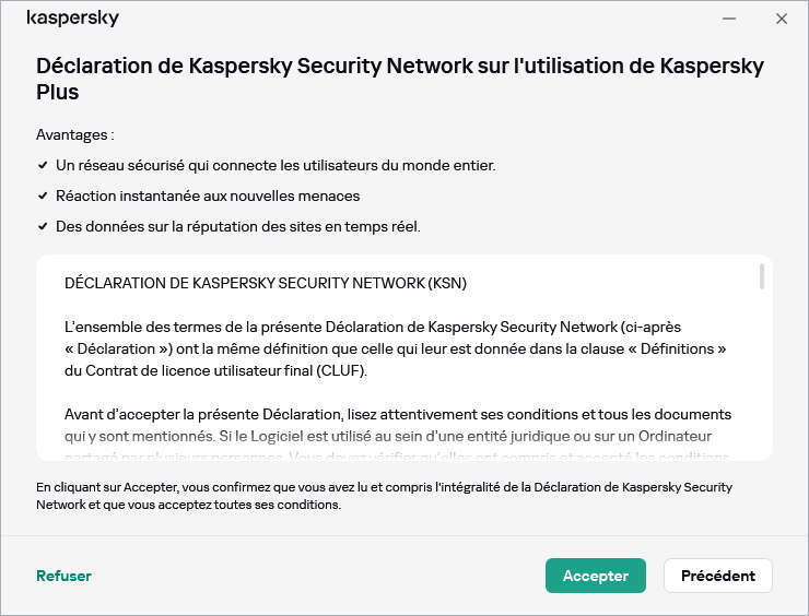 La fenêtre d'acceptation de la Déclaration RGPD de Kaspersky Security Network
