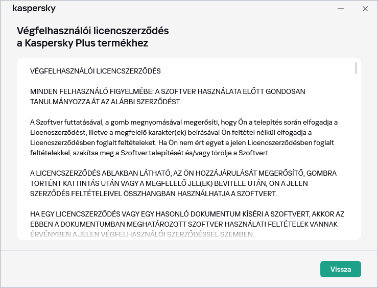 A Végfelhasználói licencszerződés szövegét tartalmazó ablak