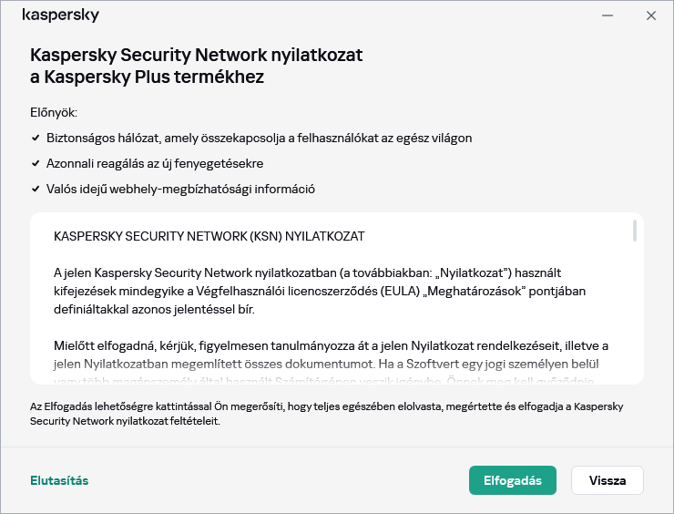 A GDPR Kaspersky Security Network nyilatkozat elfogadási ablaka