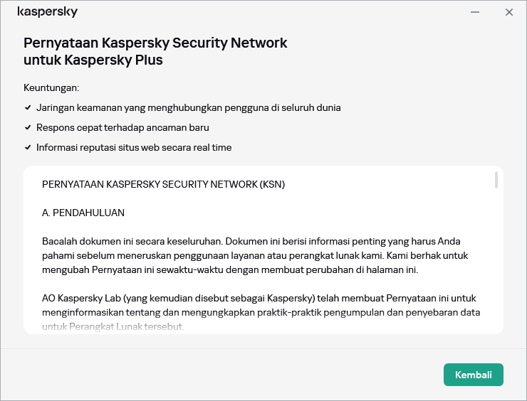 Jendela penerimaan Pernyataan Kaspersky Security Network