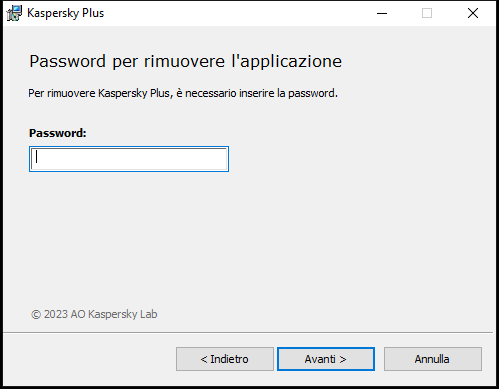 Finestra per inserire una password per disinstallare l'applicazione