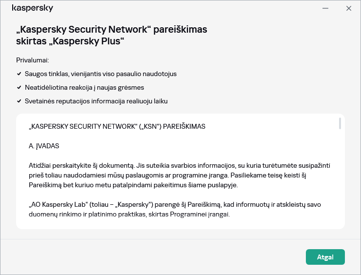 „Kaspersky Security Network“ pareiškimo patvirtinimo langas