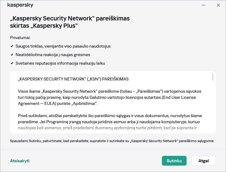 „Kaspersky Security Network“ BDAR pareiškimo patvirtinimo langas