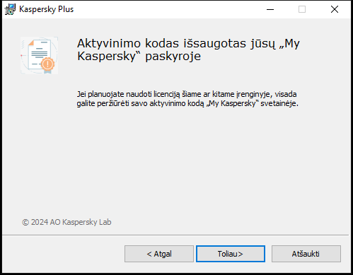 Langas su sėkmingai išsaugota prenumerata „My Kaspersky“ paskyroje