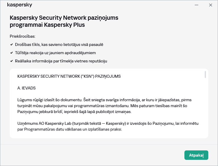Kaspersky Security Network paziņojuma piekrišanas logs