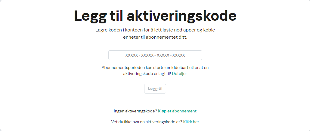 Vindu for å legge til en aktiveringskode på kontoen din