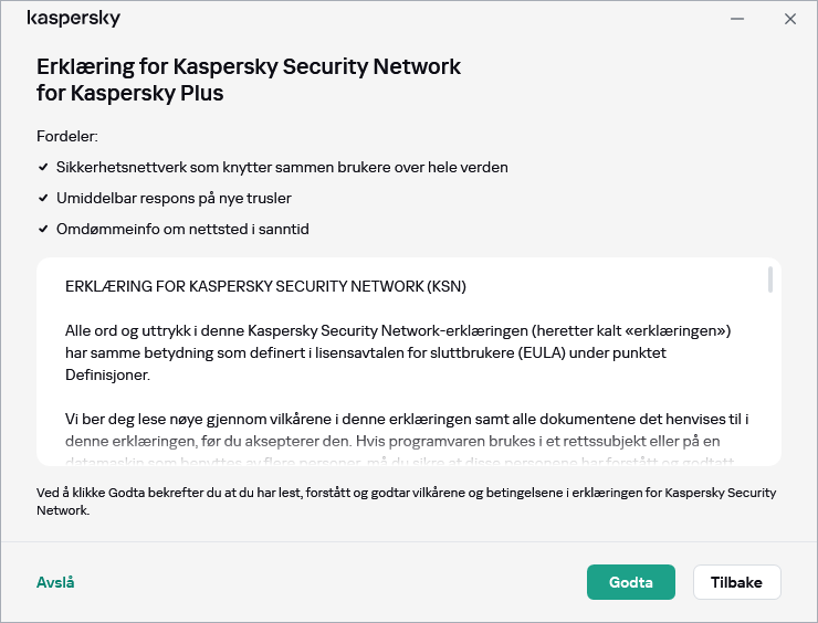 Akseptvinduet for GDPR Kaspersky Security Network Statement