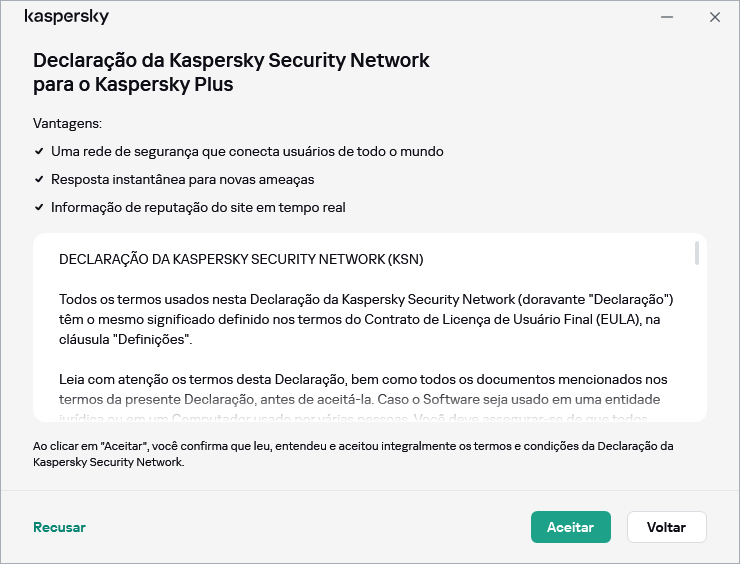 A janela de aceitação da Declaração da Kaspersky Security Network GDPR