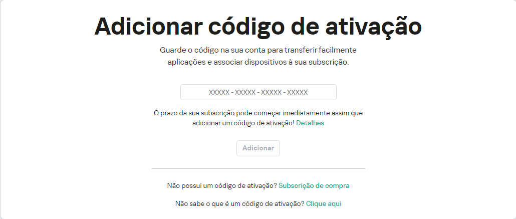 Janela para adicionar um código de ativação à sua conta