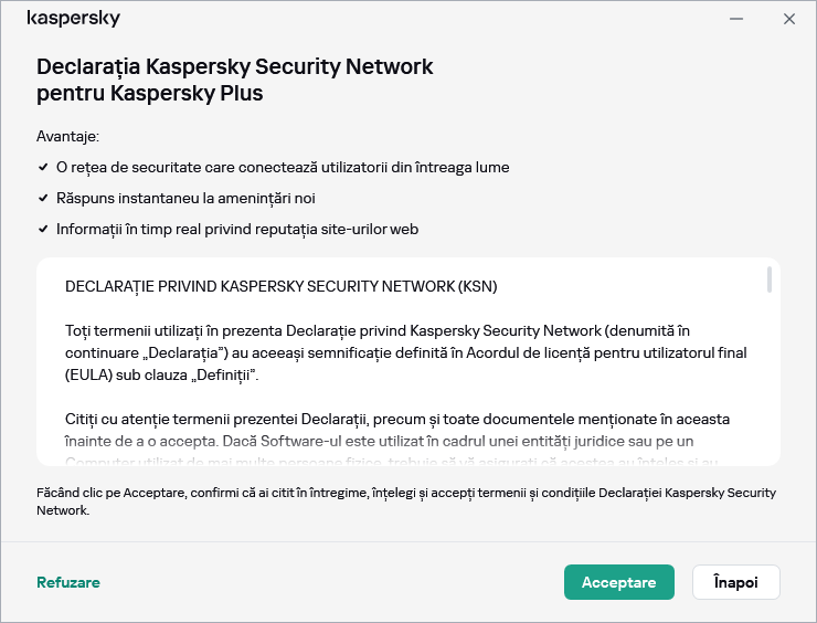 Fereastra RGPD de acceptare a Kaspersky Security Network Statement