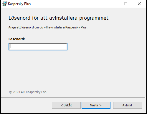 Fönster för att ange ett lösenord för att avinstallera programmet