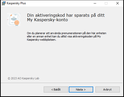 Fönster med framgångsrikt sparad prenumeration i Mitt Kaspersky-konto