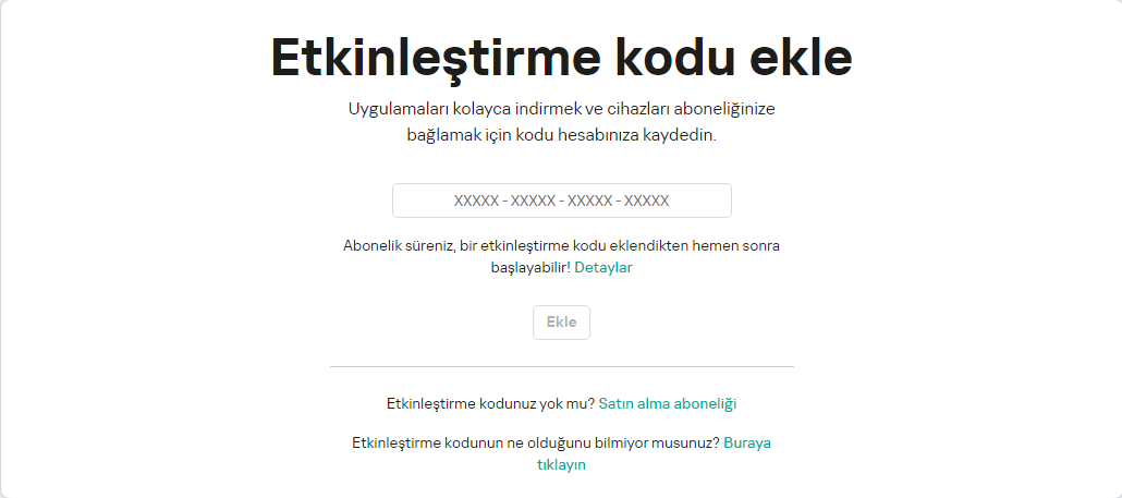 Hesabınıza bir etkinleştirme kodu ekleme penceresi