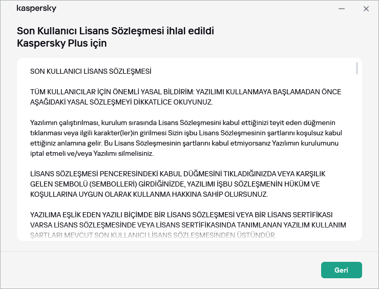 Son Kullanıcı Lisans Sözleşmesi metnini içeren pencere