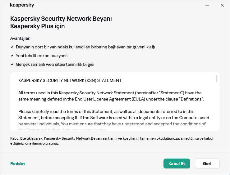 GDPR Kaspersky Security Network Beyanı kabul penceresi