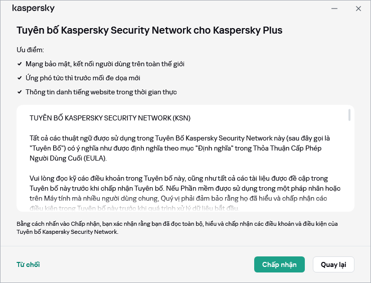 Cửa sổ chấp nhận Tuyên bố Kaspersky Security Network GDPR