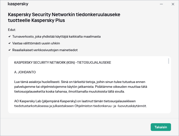 Kaspersky Security Network -lausunnon hyväksymisikkuna