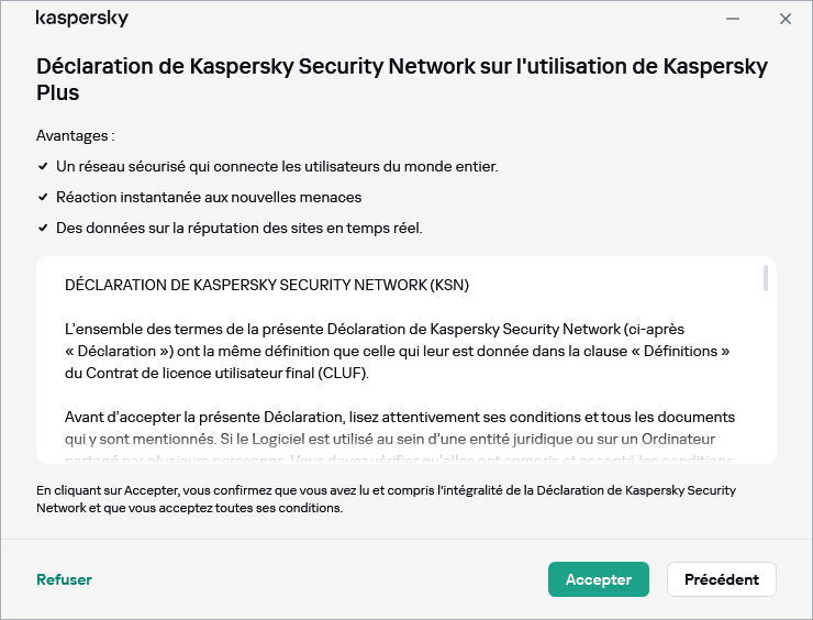 La fenêtre d'acceptation de la Déclaration RGPD de Kaspersky Security Network