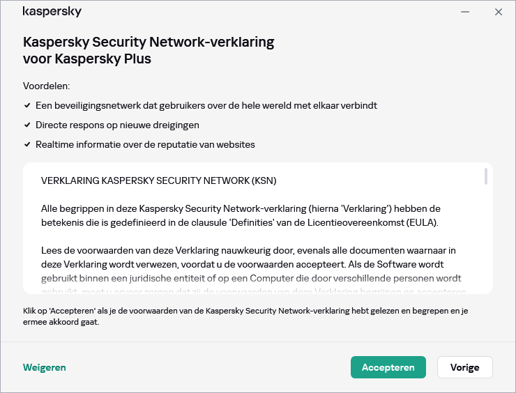 Het venster voor het aanvaarden van de AVG-verklaring van Kaspersky Security Network