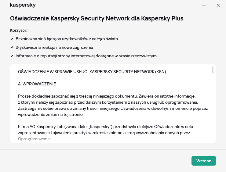 Okno akceptacji umowy oświadczenia Kaspersky Security Network