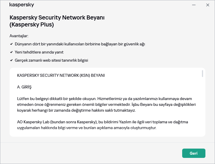 Kaspersky Security Network Beyanı kabul penceresi açılır