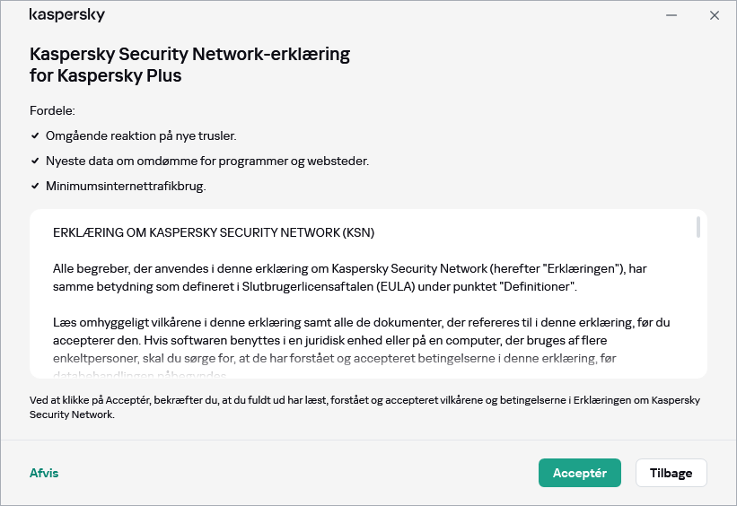 Vinduet til accept af Kaspersky Security Networks GDPR-erklæringen