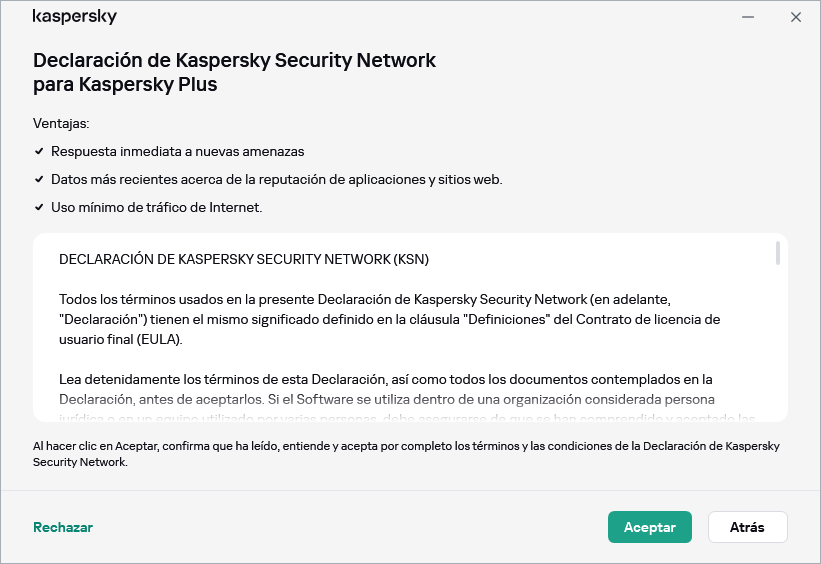Ventana de aceptación de la declaración de Kaspersky Security Network de GDPR
