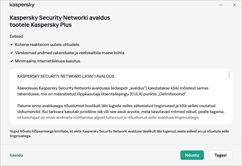 GDPR Kaspersky Security Networki avaldusega nõustumise aken