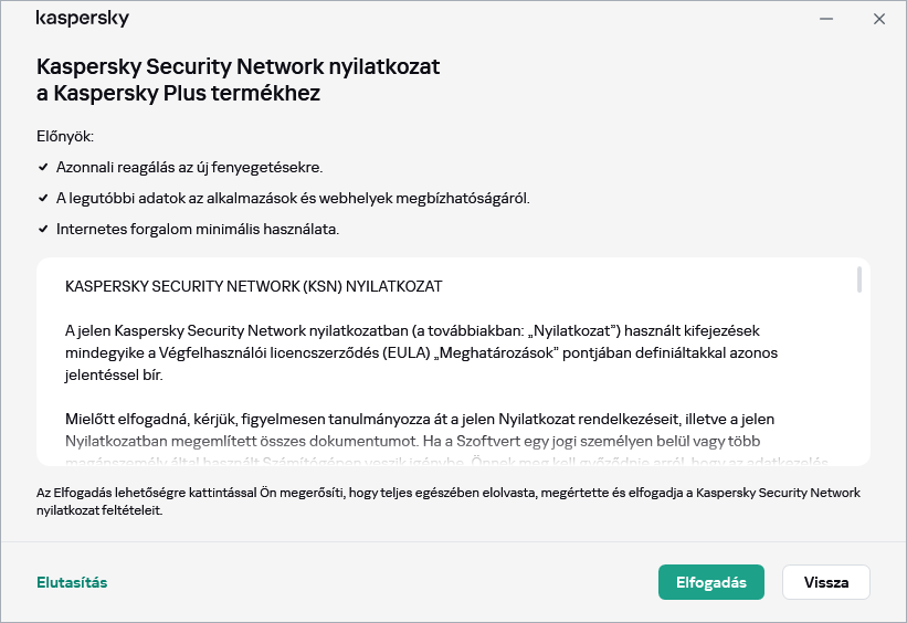 A GDPR Kaspersky Security Network nyilatkozat elfogadási ablaka