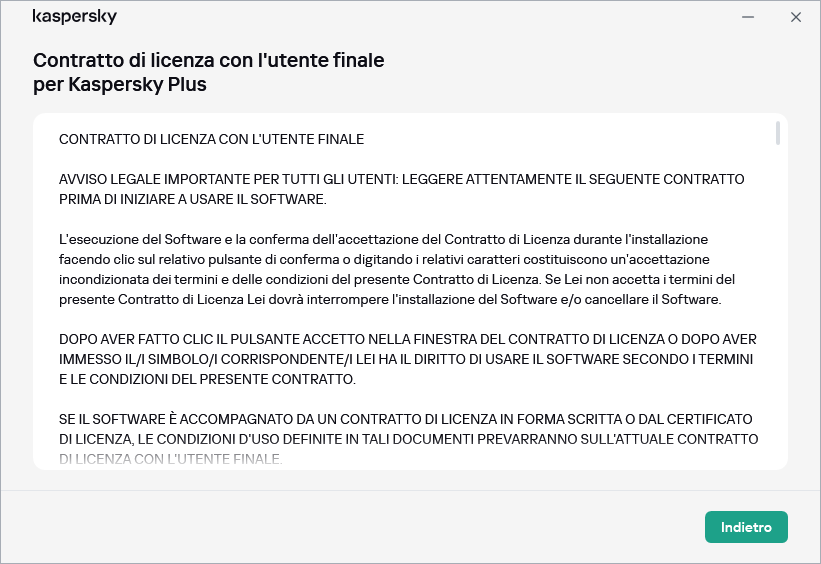 Finestra che contiene il testo del Contratto di licenza con l'utente finale