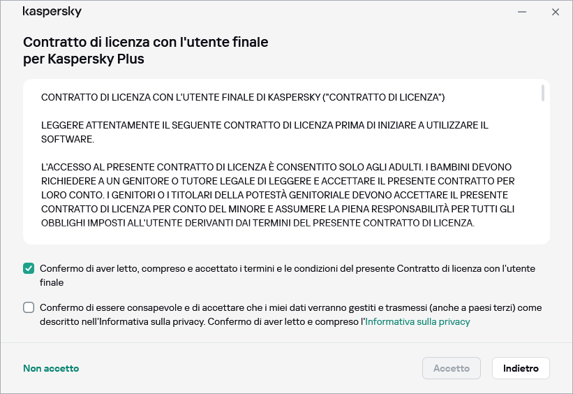 Finestra di accettazione del contratto di licenza GDPR