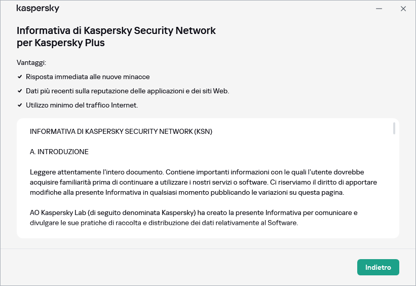 Finestra di accettazione dell'Informativa di Kaspersky Security Network